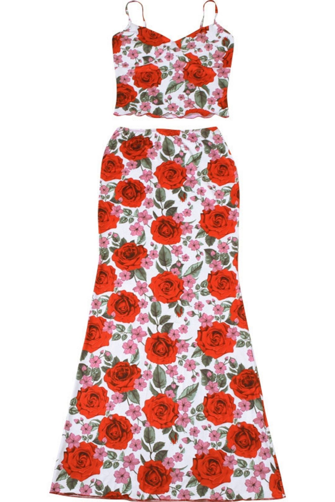 V-neck Camisole High Waist Floral Long Skirt Two-piece Set