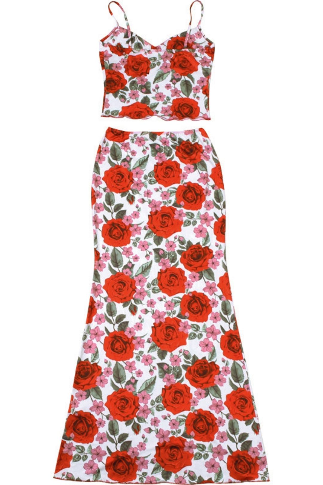 V-neck Camisole High Waist Floral Long Skirt Two-piece Set