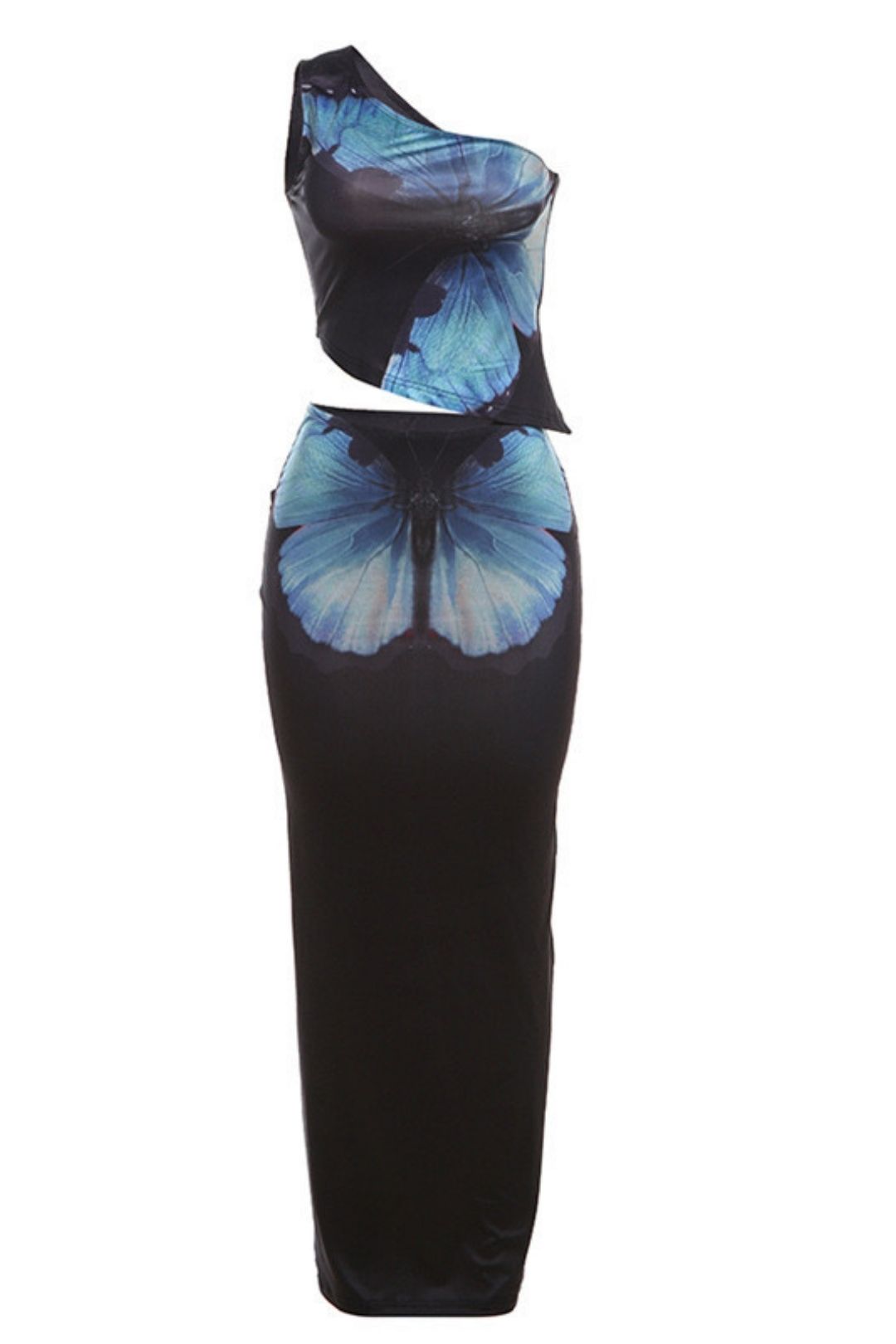 Exposed Navel, Butterfly Print Vest, Slim Fit, Hip-covering, High-waisted Skirt Suit