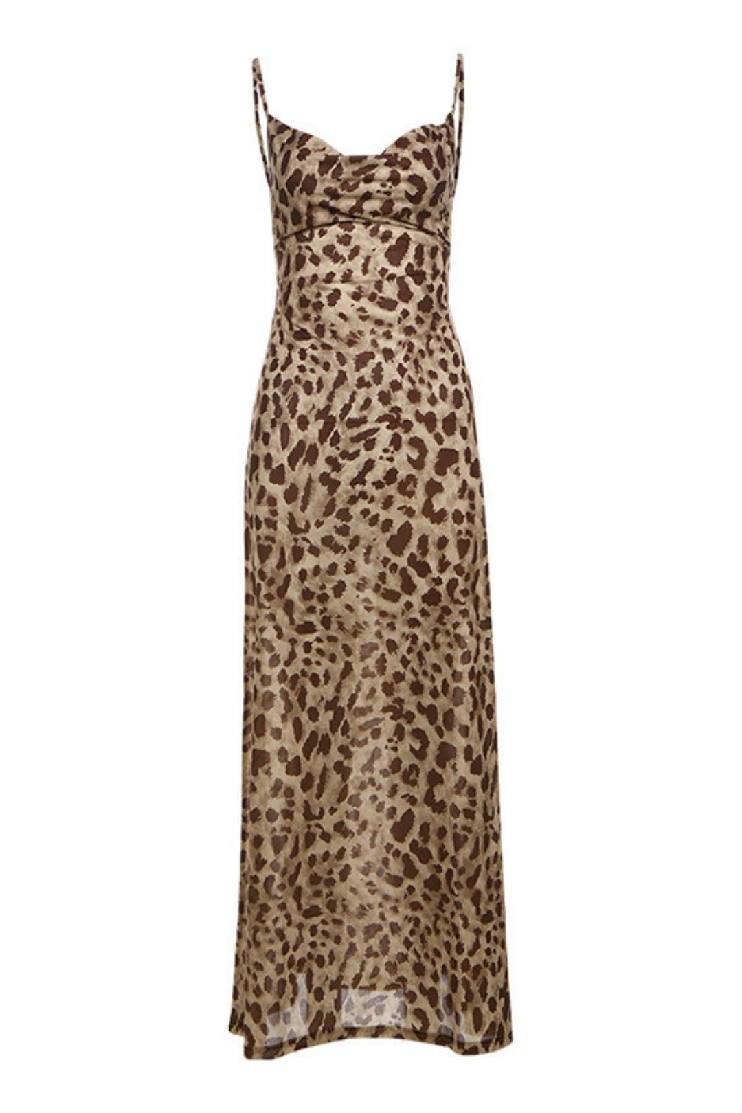 V-neck Waist Leopard Print Backless Suspender Dress