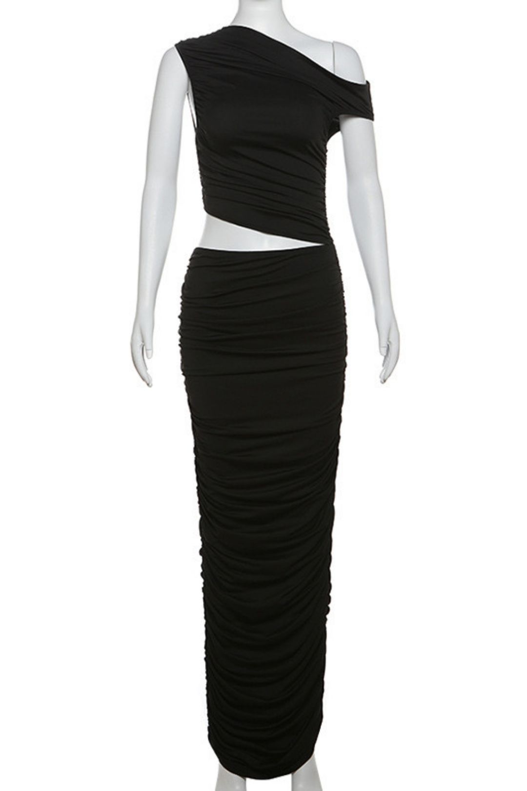 Light And Mature Solid Color Pleated Slanted Shoulder Slim Hip Dress