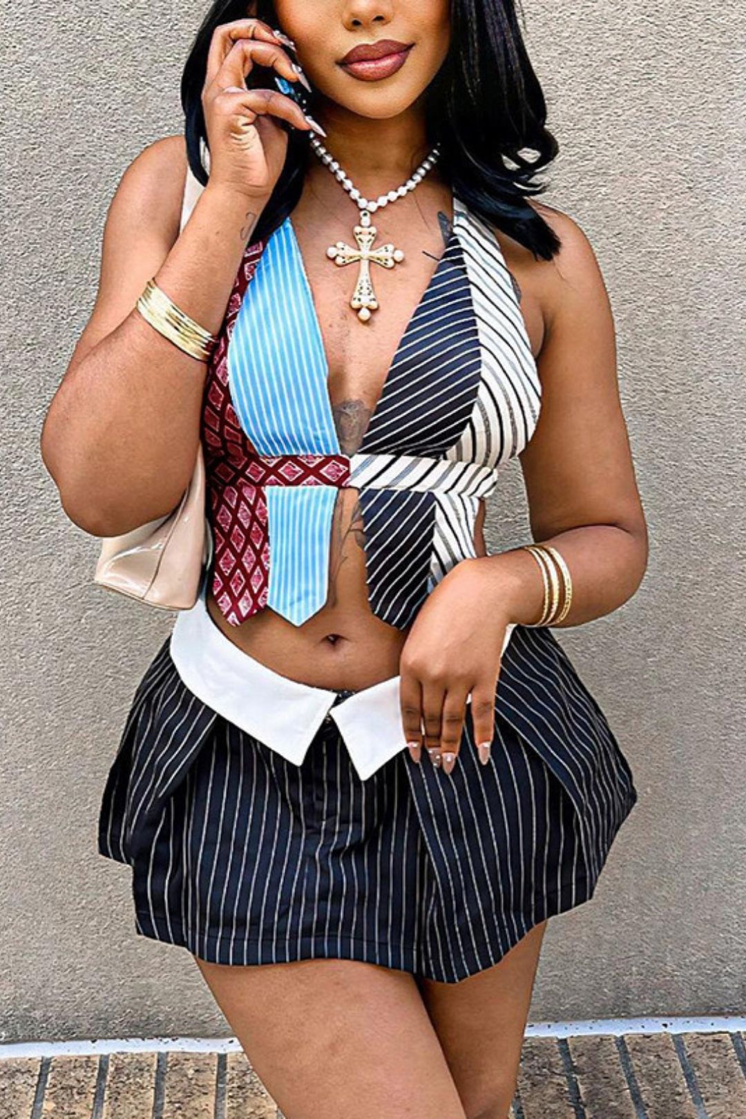 V-neck Pattern Fashion Striped Halter Top