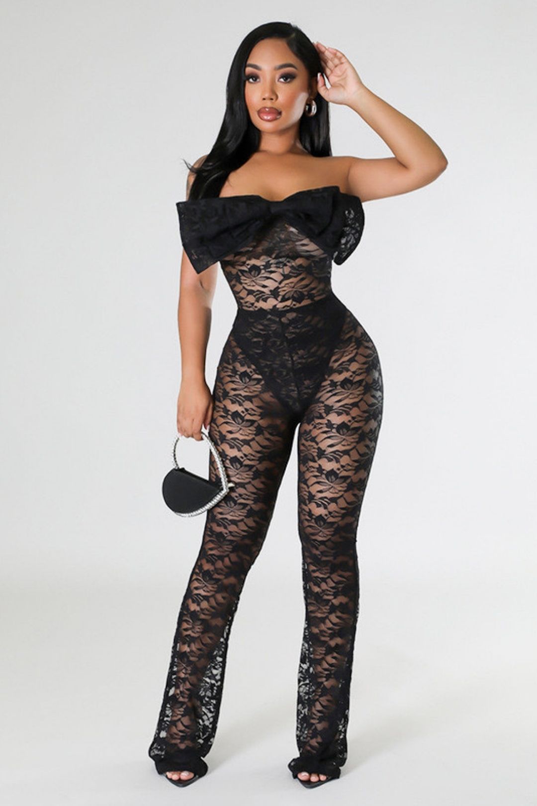 Sexy Bow Tube Top Hollow See-through Long-sleeved Jumpsuit Lace Pants Suit