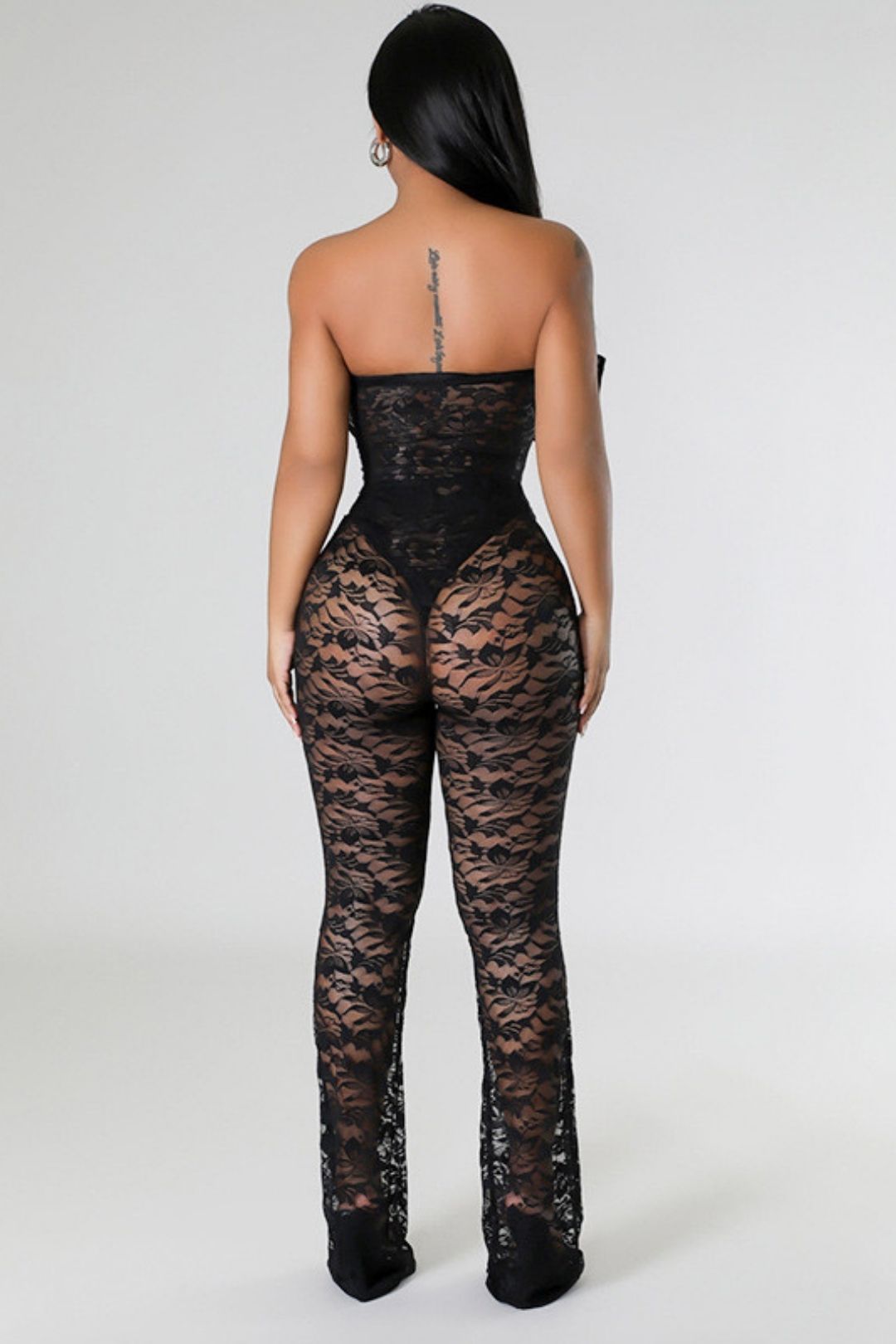 Sexy Bow Tube Top Hollow See-through Long-sleeved Jumpsuit Lace Pants Suit