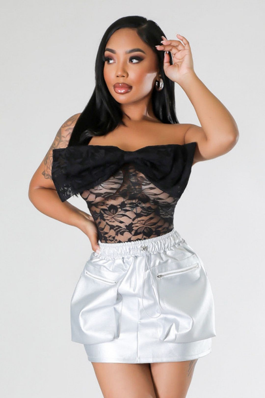 Sexy Bow Tube Top Hollow See-through Long-sleeved Jumpsuit Lace Pants Suit