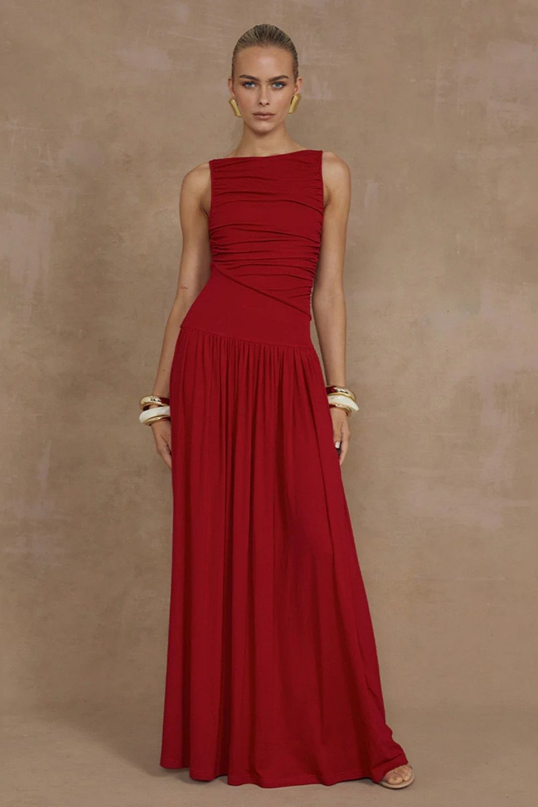 Sexy Sleeveless Pleated Slim Long Skirt Solid Color Dress