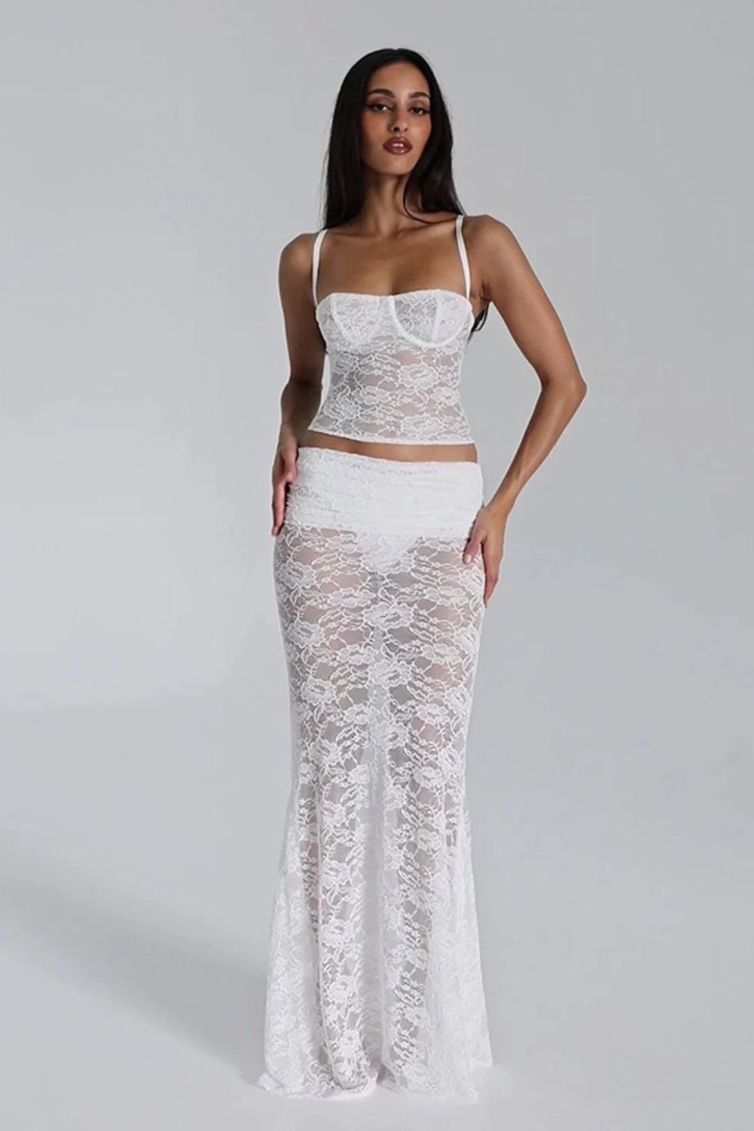 Fashion Slim Two-piece Lace See-through Halter Top And Skirt Suit