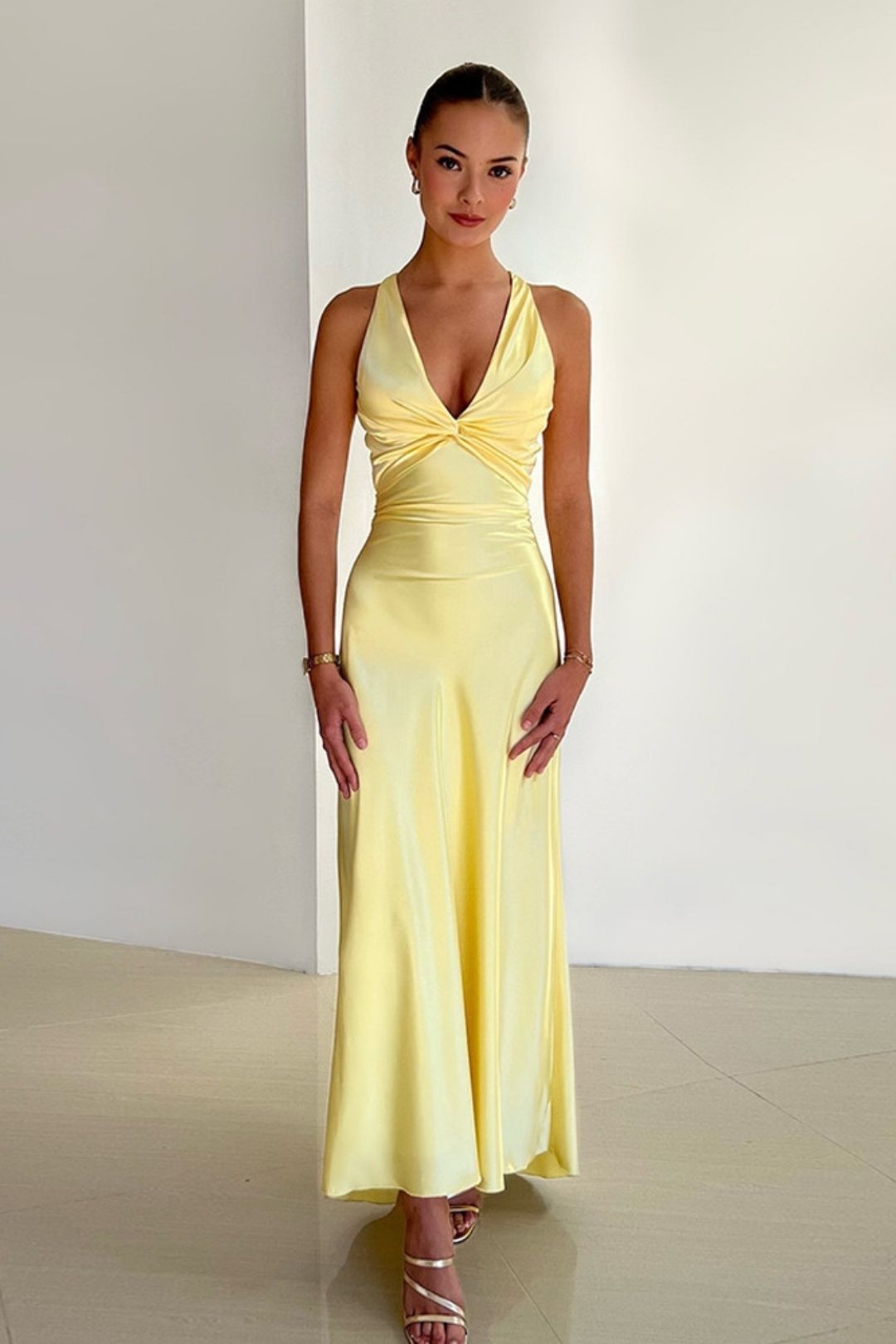 Sexy V-neck Strappy Backless Long Skirt, Slim Satin Dress