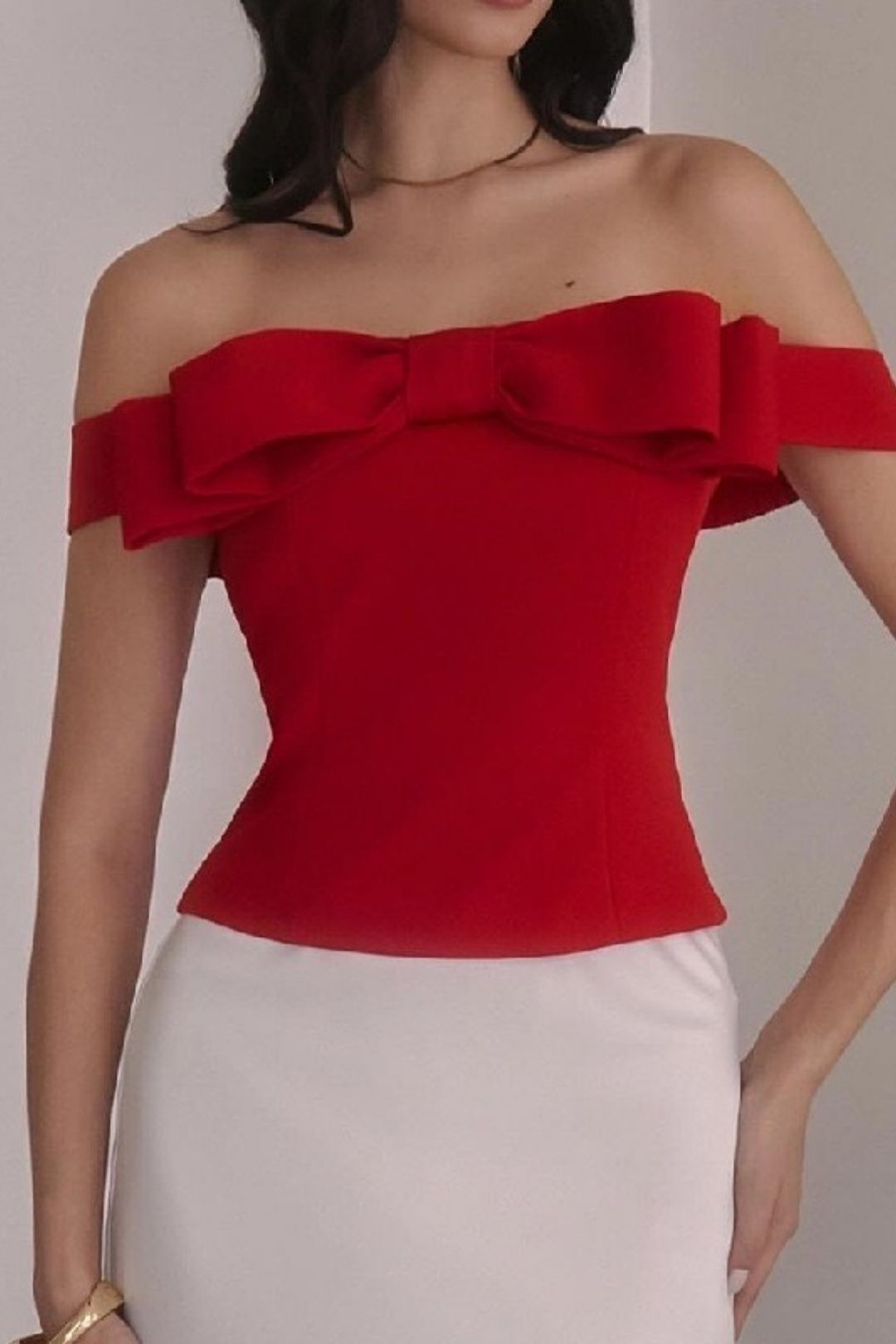 One-line Collar Bow Decorated Short Top