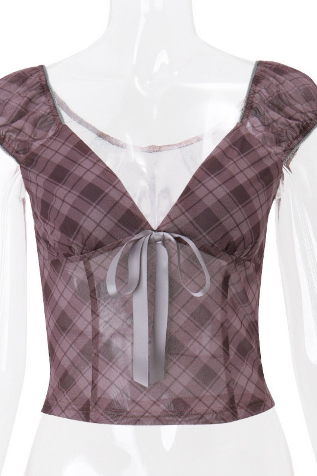 Retro Plaid Lace Mesh Splicing Short Top For Women