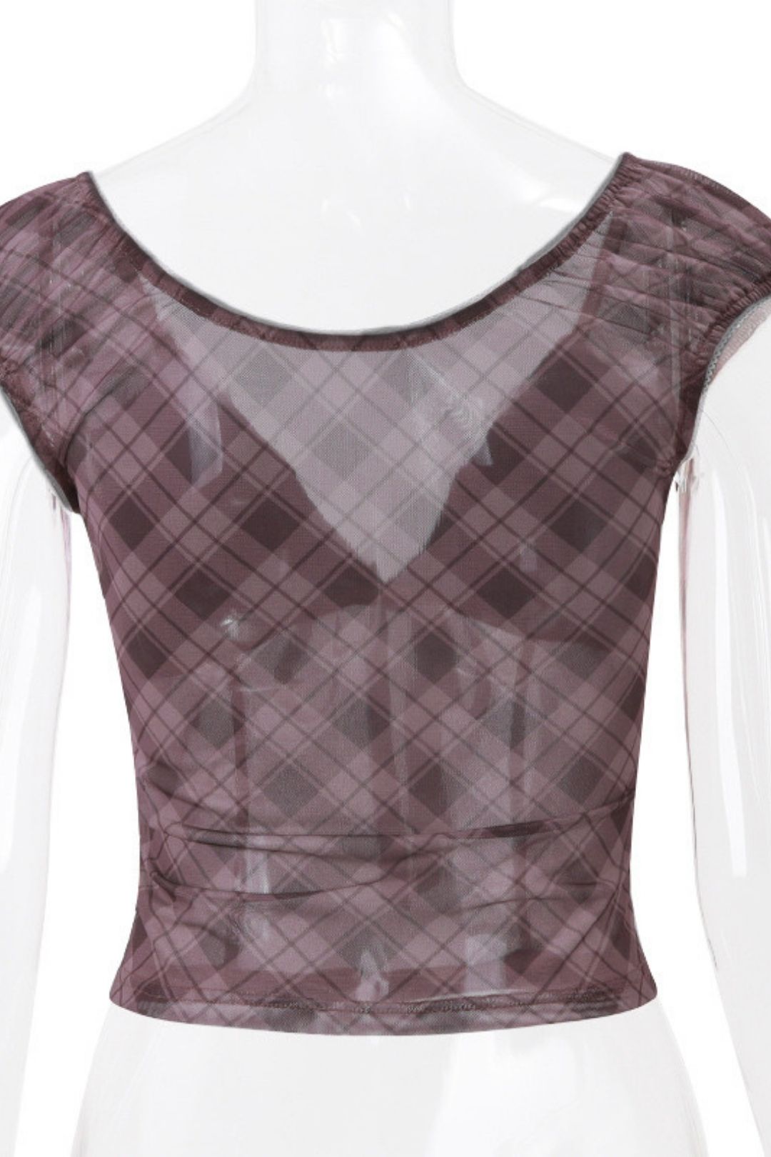 Retro Plaid Lace Mesh Splicing Short Top For Women