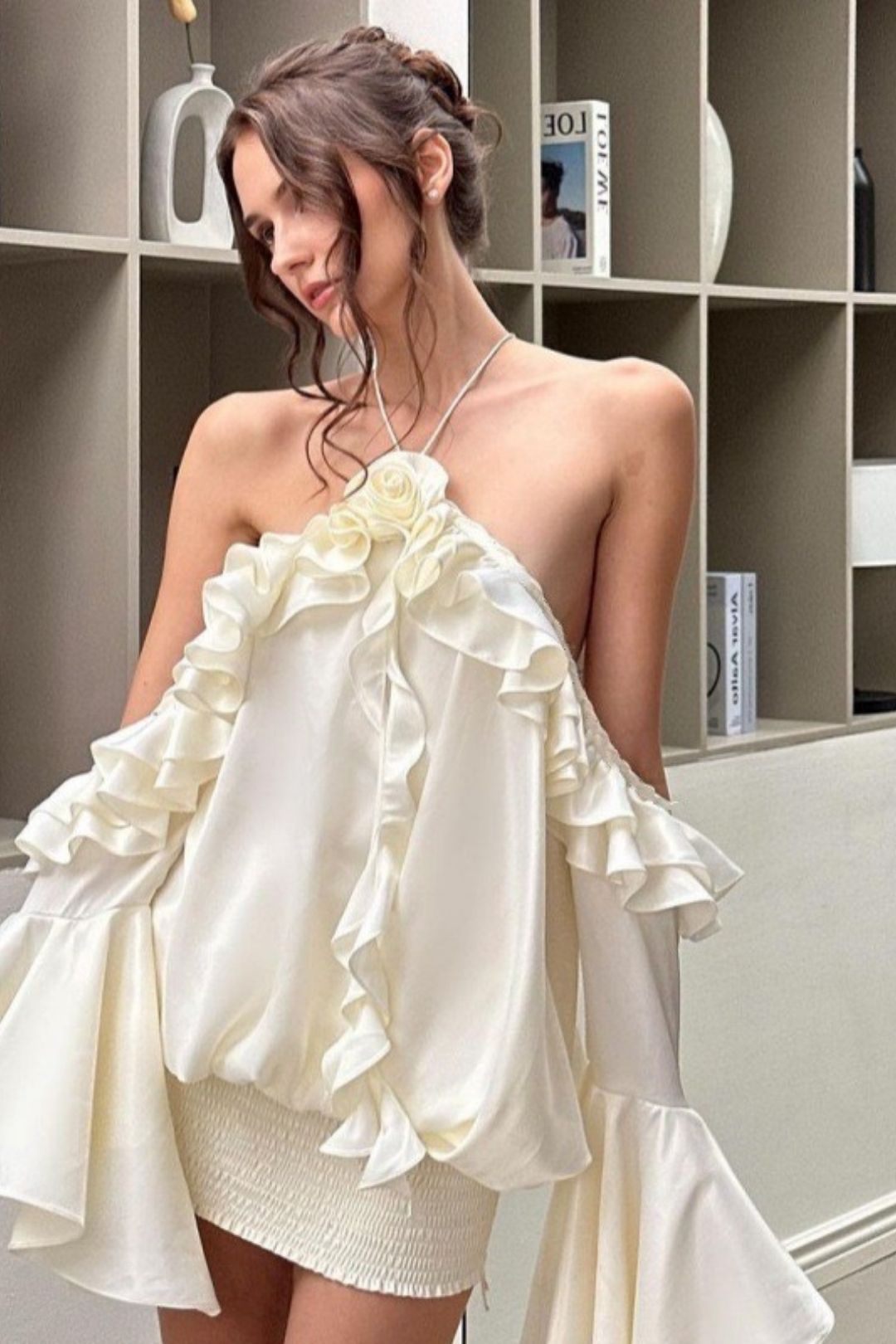 Pure Desire French Style Off-shoulder Ruffled Trumpet Sleeve Dress