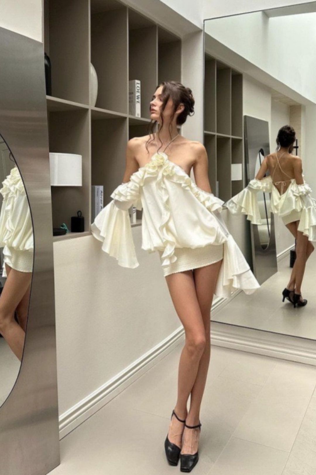 Pure Desire French Style Off-shoulder Ruffled Trumpet Sleeve Dress