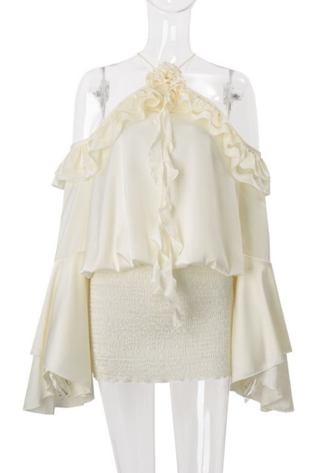 Pure Desire French Style Off-shoulder Ruffled Trumpet Sleeve Dress