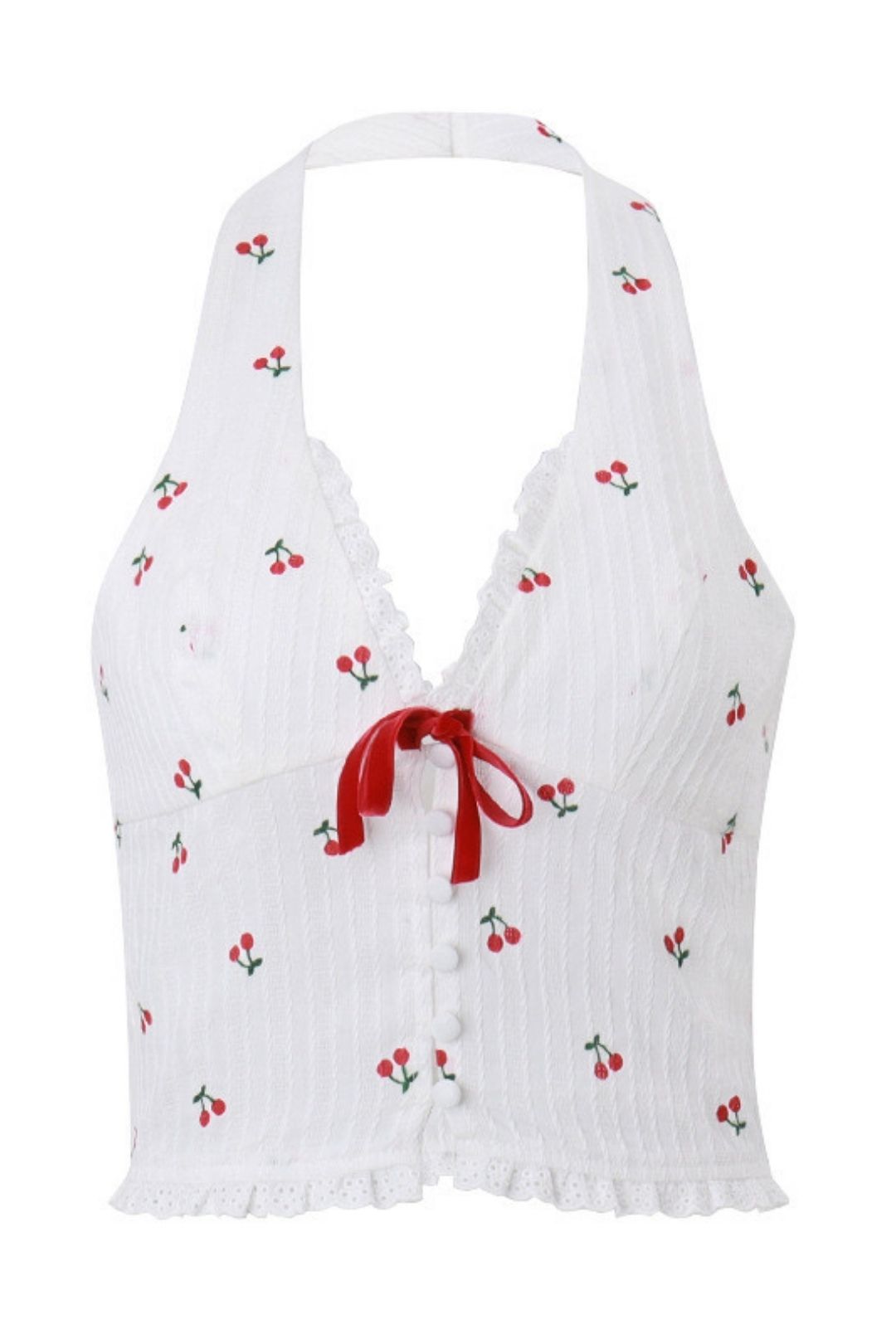 Sexy V-neck Halter Neck Cherry Print Ear-hem Vest