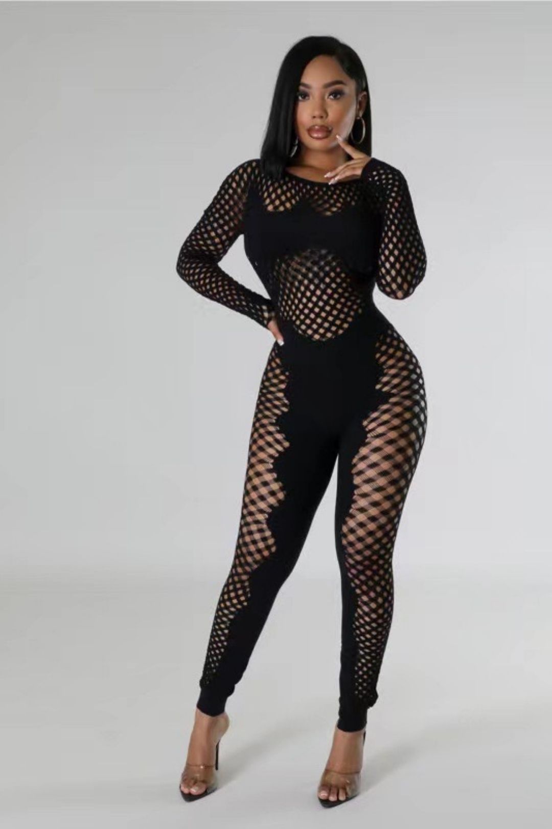 Round Neck Long Sleeves Hollow See-through Sexy Slim One-piece Knitted Jumpsuit
