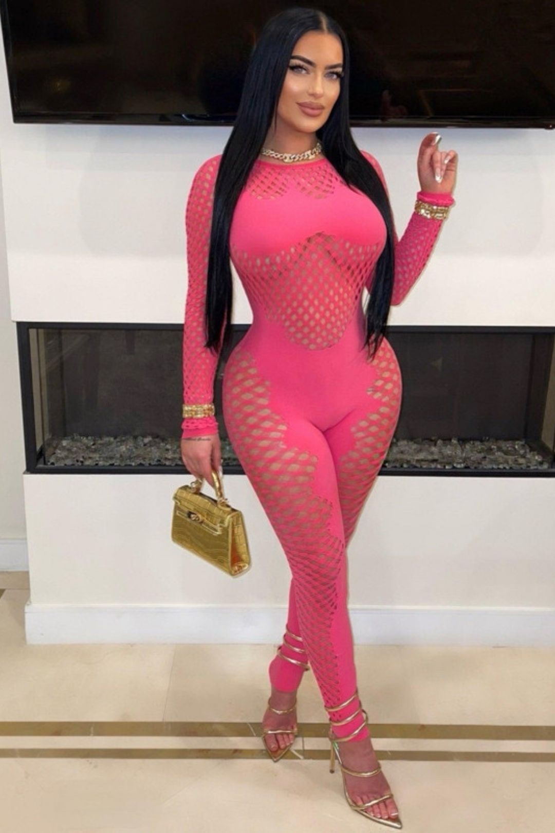 Round Neck Long Sleeves Hollow See-through Sexy Slim One-piece Knitted Jumpsuit