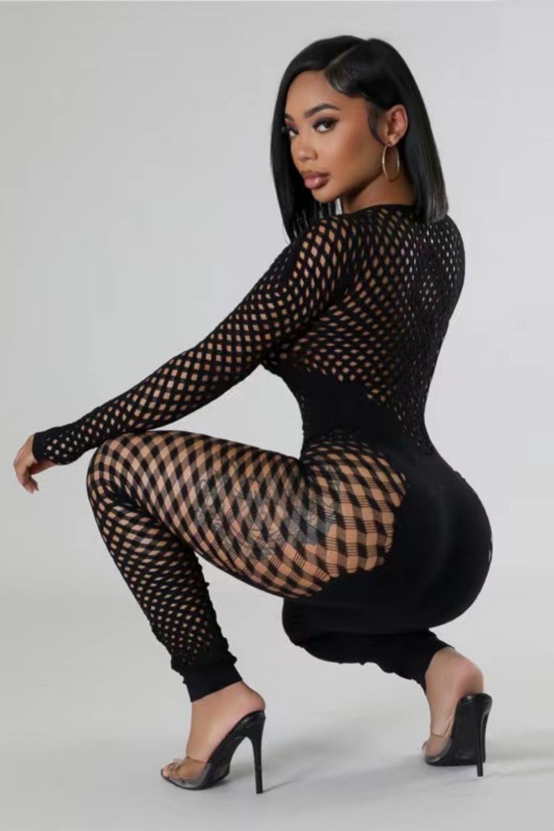 Round Neck Long Sleeves Hollow See-through Sexy Slim One-piece Knitted Jumpsuit