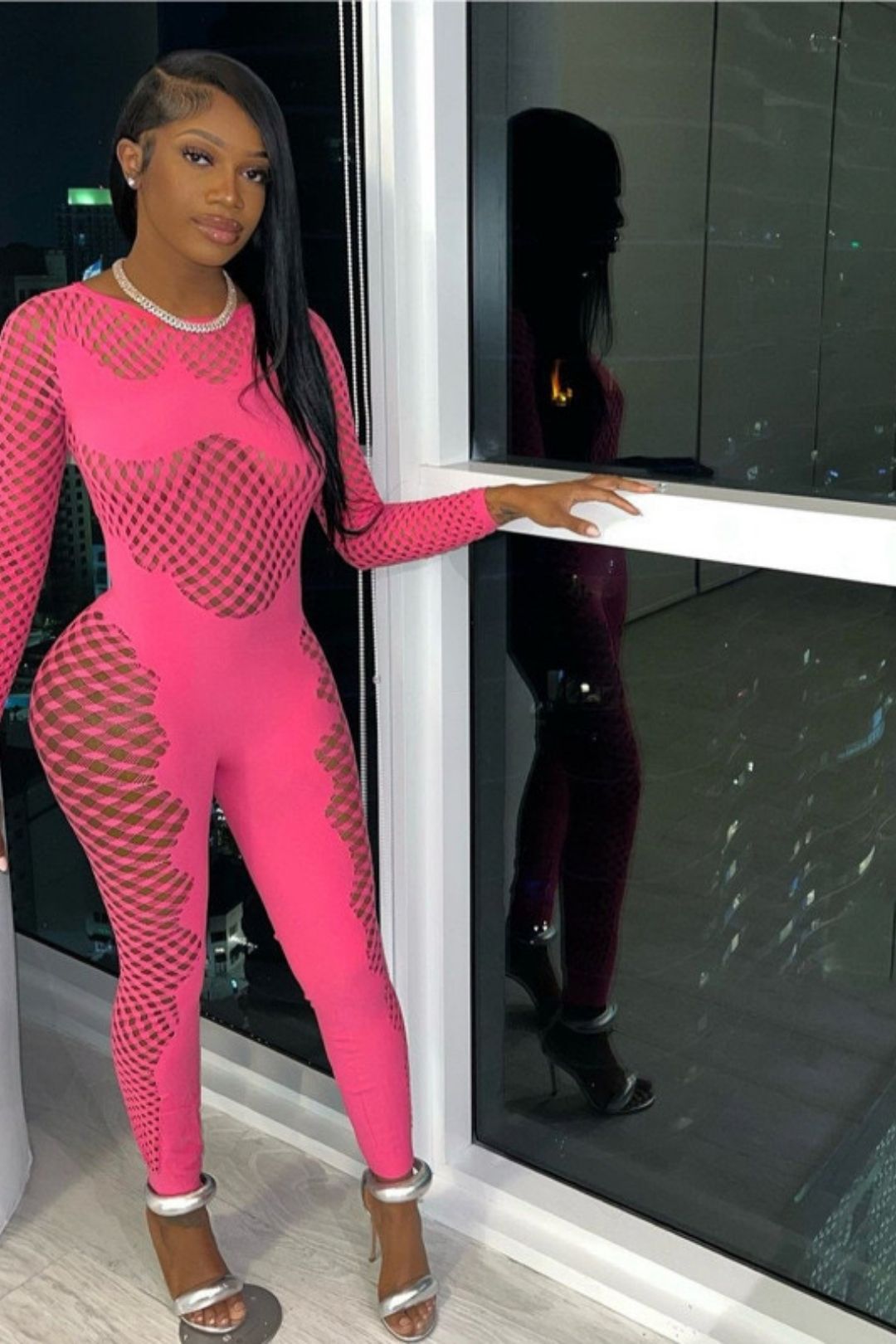 Round Neck Long Sleeves Hollow See-through Sexy Slim One-piece Knitted Jumpsuit