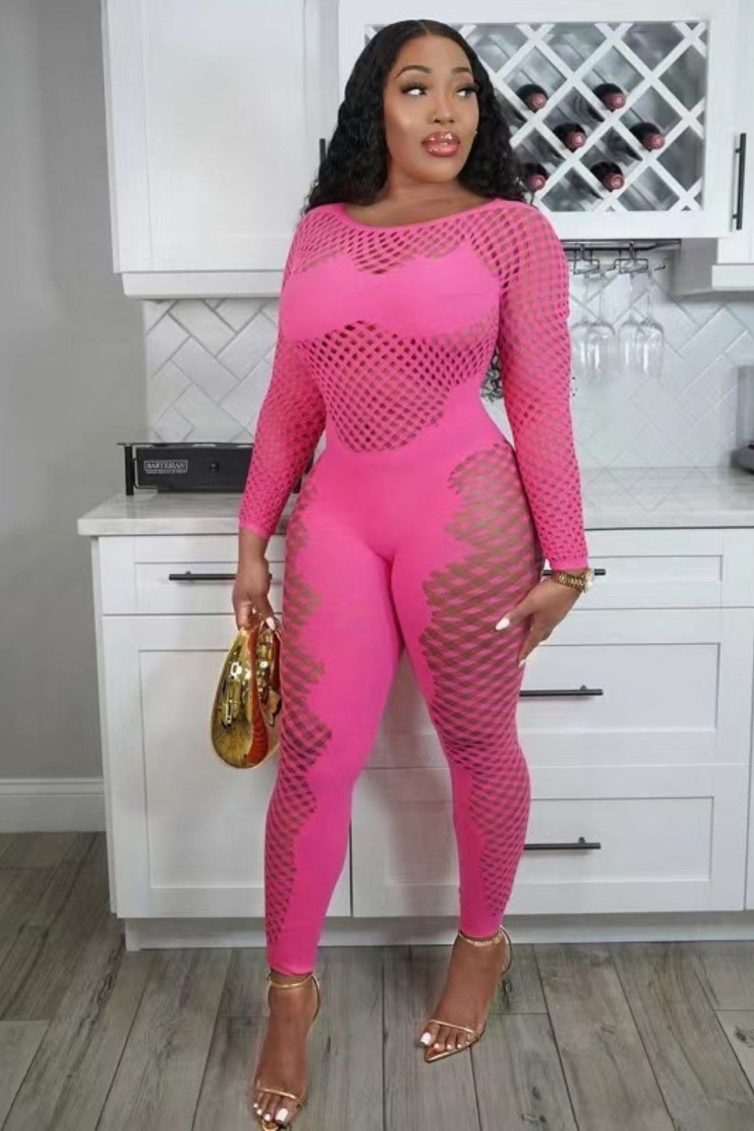 Round Neck Long Sleeves Hollow See-through Sexy Slim One-piece Knitted Jumpsuit