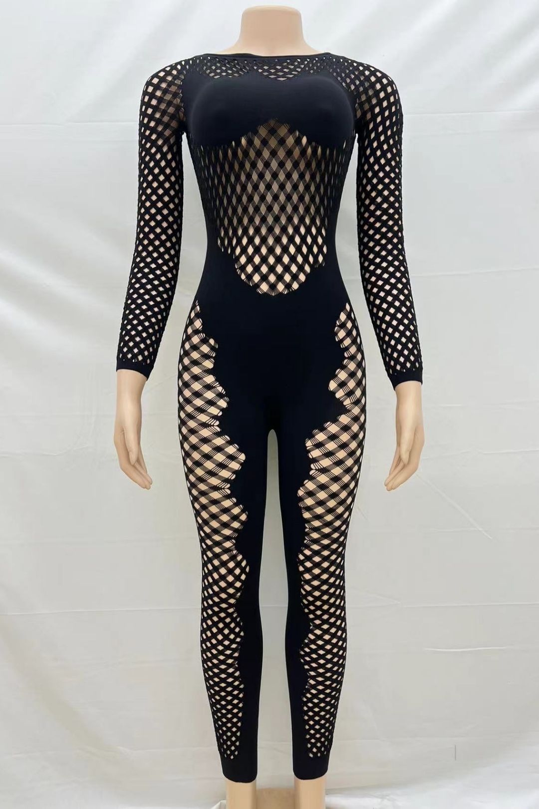 Round Neck Long Sleeves Hollow See-through Sexy Slim One-piece Knitted Jumpsuit