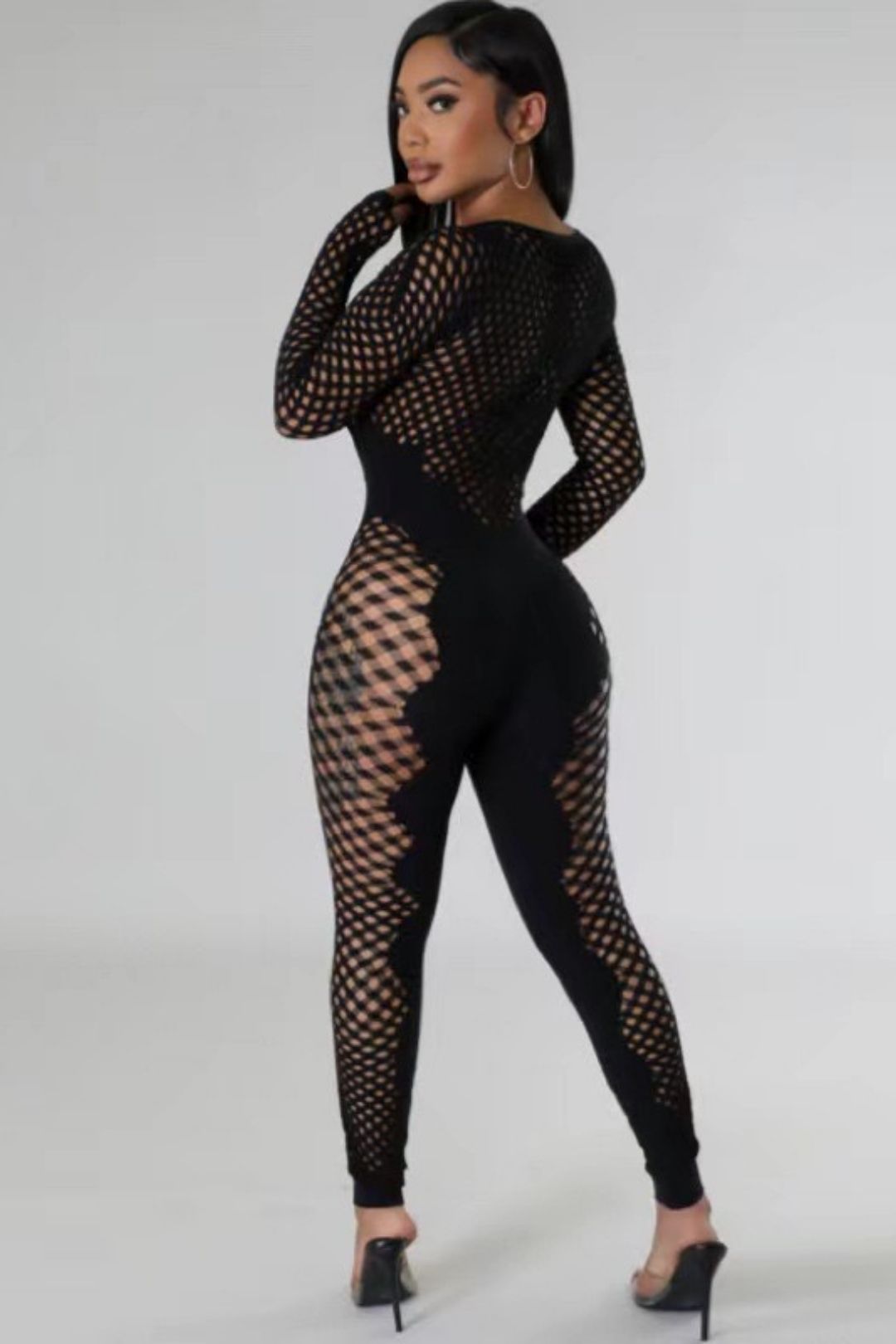 Round Neck Long Sleeves Hollow See-through Sexy Slim One-piece Knitted Jumpsuit