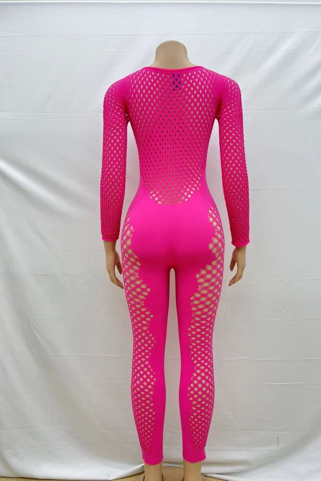 Round Neck Long Sleeves Hollow See-through Sexy Slim One-piece Knitted Jumpsuit