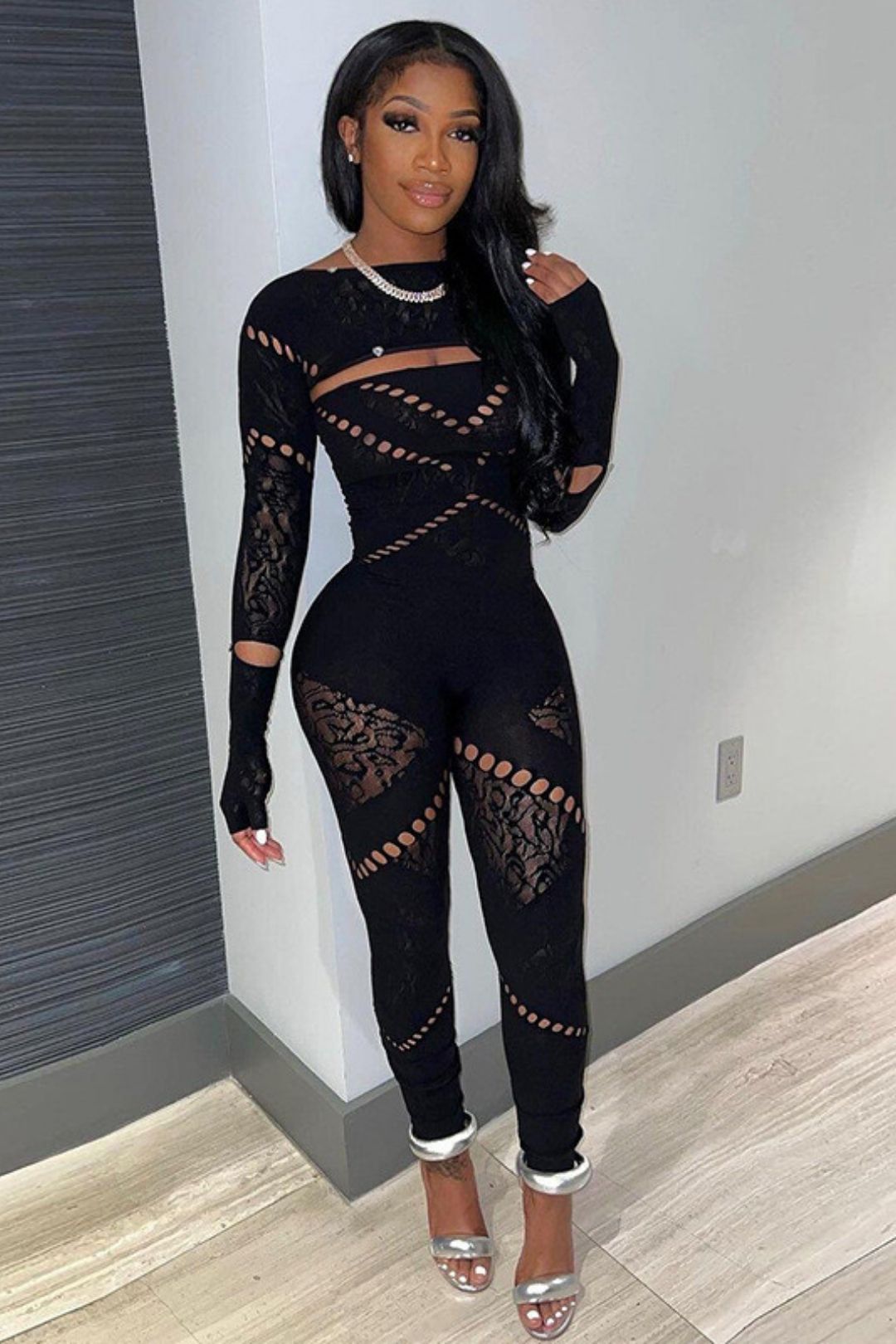 Round Neck Long Sleeves Hollow Diamond Splicing Slim Sexy High Waist Jumpsuit