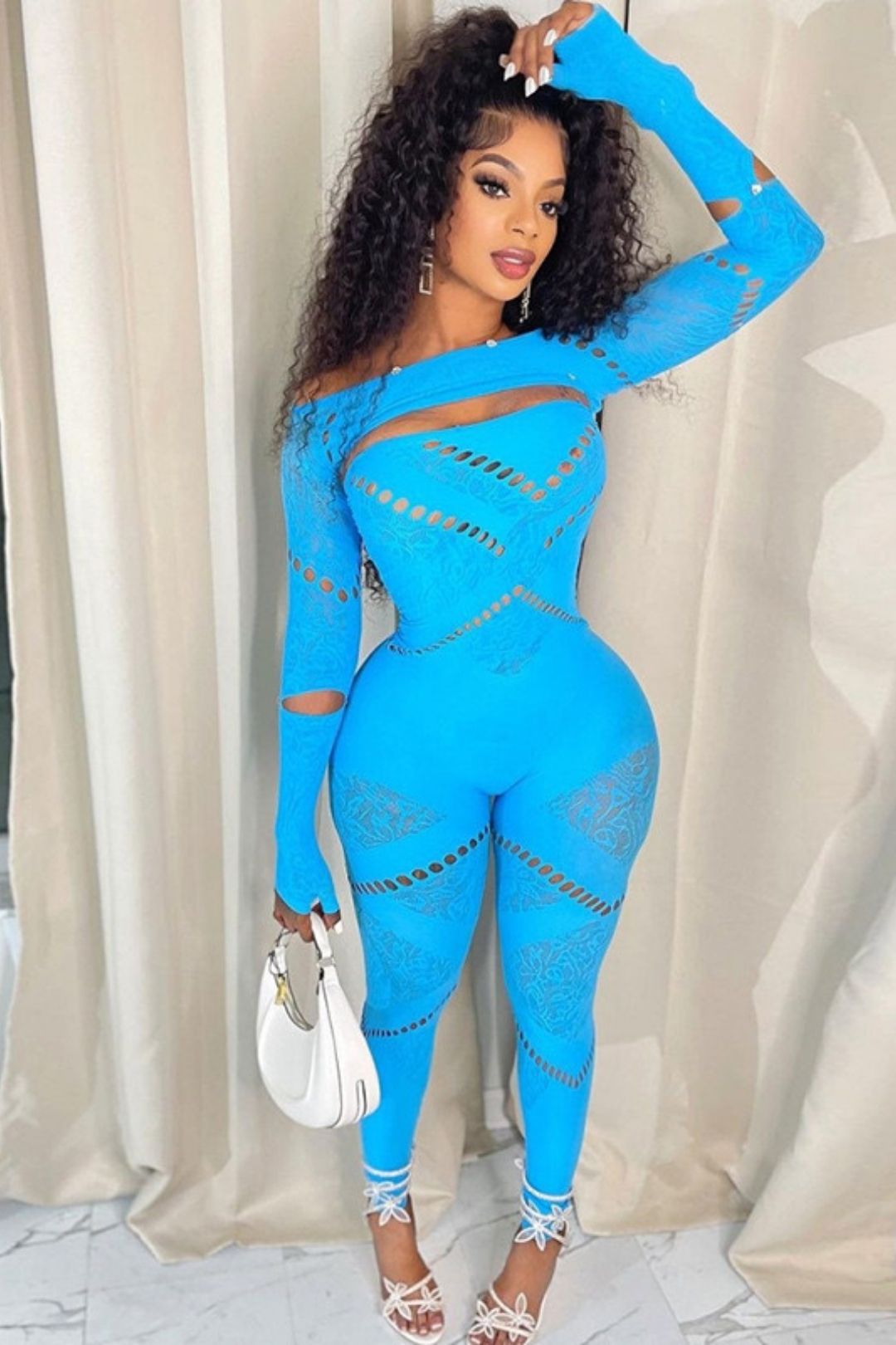 Round Neck Long Sleeves Hollow Diamond Splicing Slim Sexy High Waist Jumpsuit
