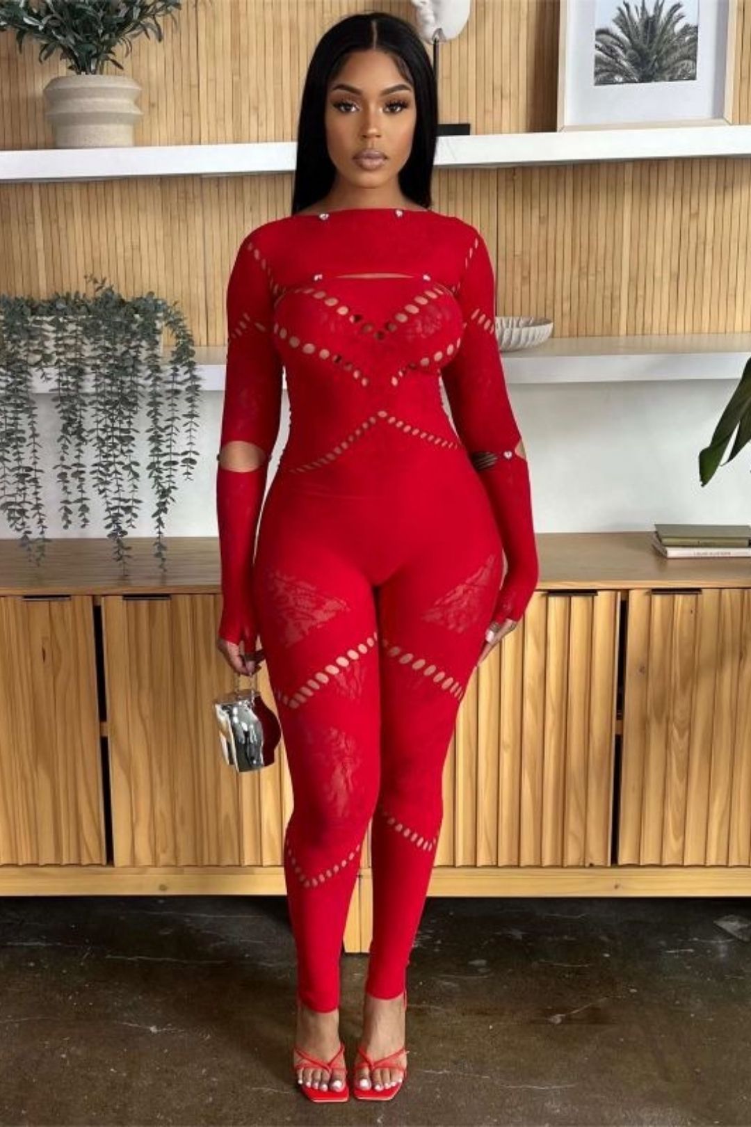 Round Neck Long Sleeves Hollow Diamond Splicing Slim Sexy High Waist Jumpsuit