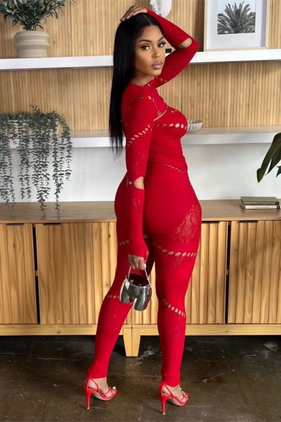 Round Neck Long Sleeves Hollow Diamond Splicing Slim Sexy High Waist Jumpsuit