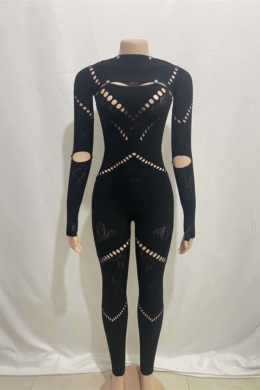 Round Neck Long Sleeves Hollow Diamond Splicing Slim Sexy High Waist Jumpsuit