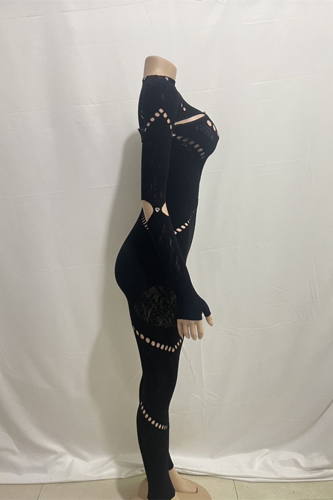 Round Neck Long Sleeves Hollow Diamond Splicing Slim Sexy High Waist Jumpsuit