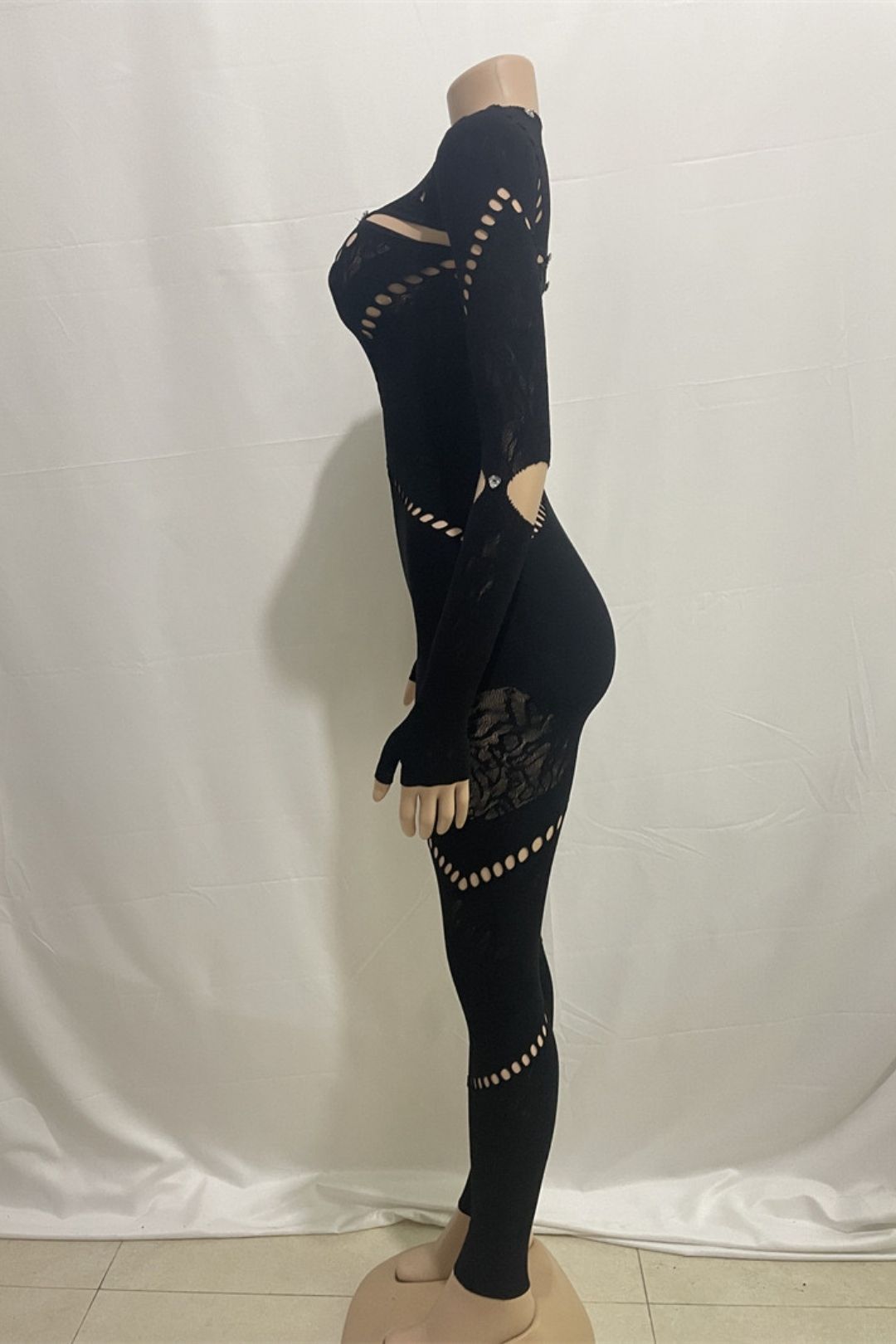 Round Neck Long Sleeves Hollow Diamond Splicing Slim Sexy High Waist Jumpsuit