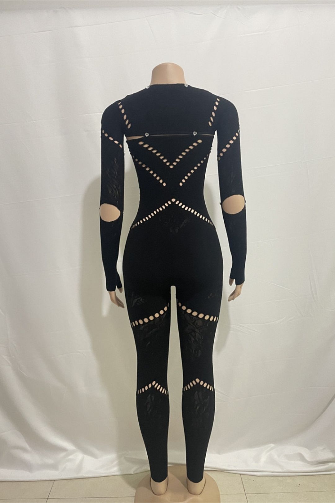 Round Neck Long Sleeves Hollow Diamond Splicing Slim Sexy High Waist Jumpsuit