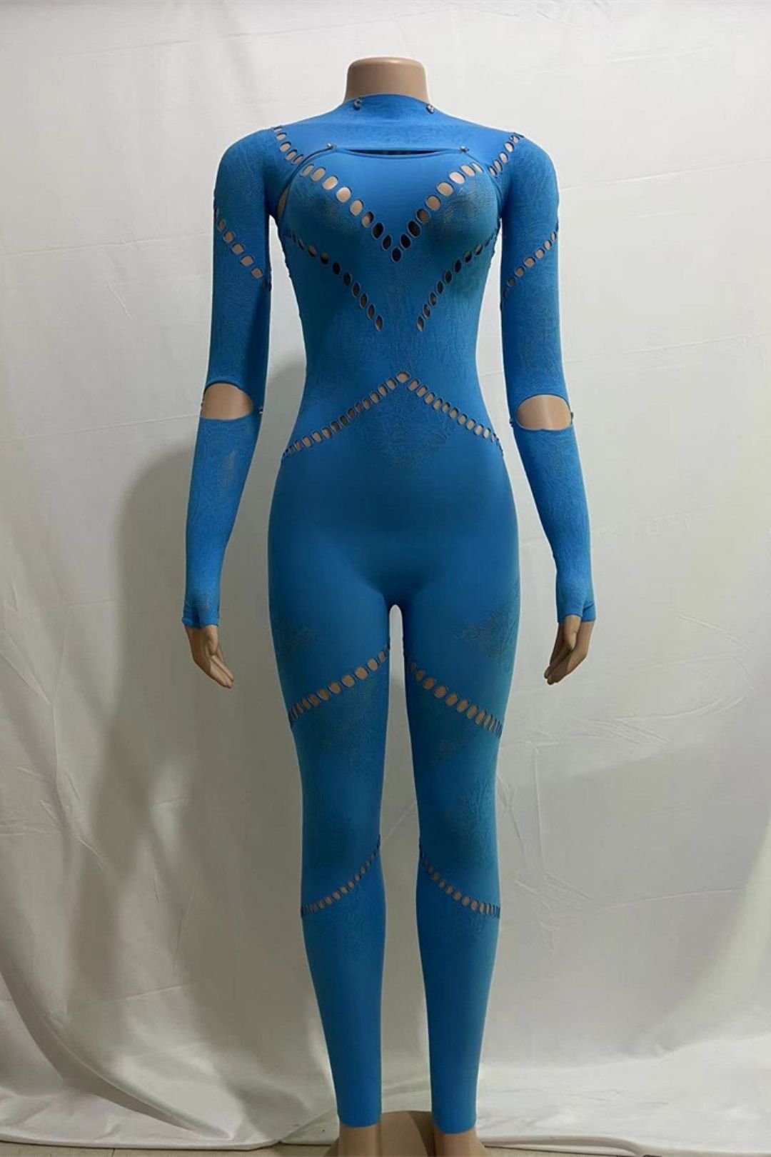 Round Neck Long Sleeves Hollow Diamond Splicing Slim Sexy High Waist Jumpsuit