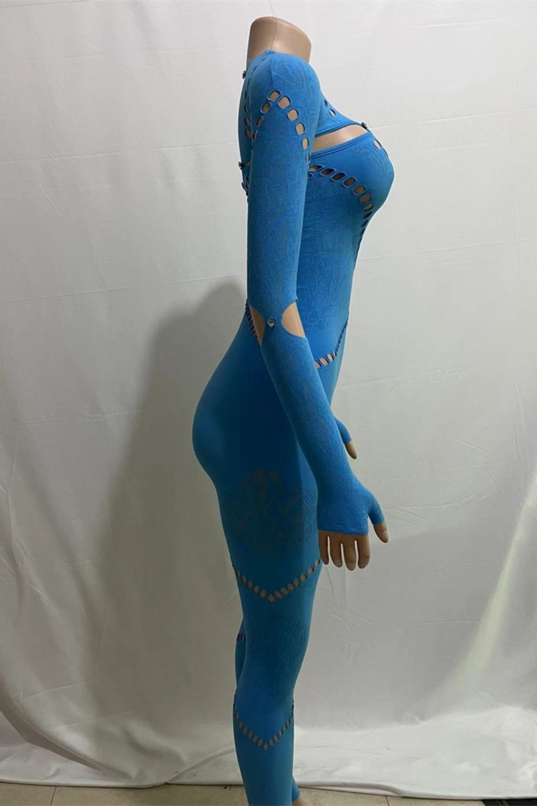 Round Neck Long Sleeves Hollow Diamond Splicing Slim Sexy High Waist Jumpsuit