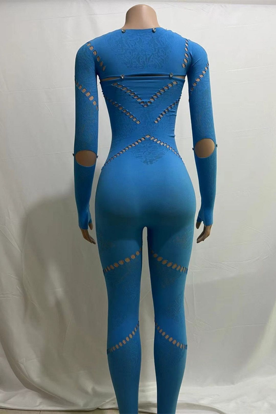 Round Neck Long Sleeves Hollow Diamond Splicing Slim Sexy High Waist Jumpsuit