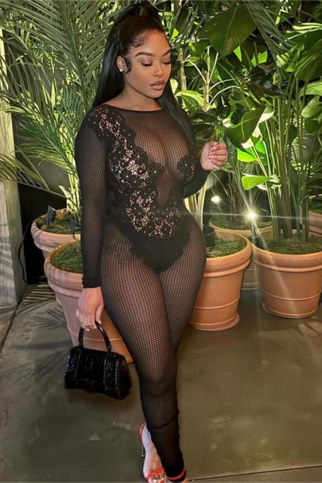 Round Neck Backless Slim Sexy See-through Long-sleeved One-piece Knitted Jumpsuit