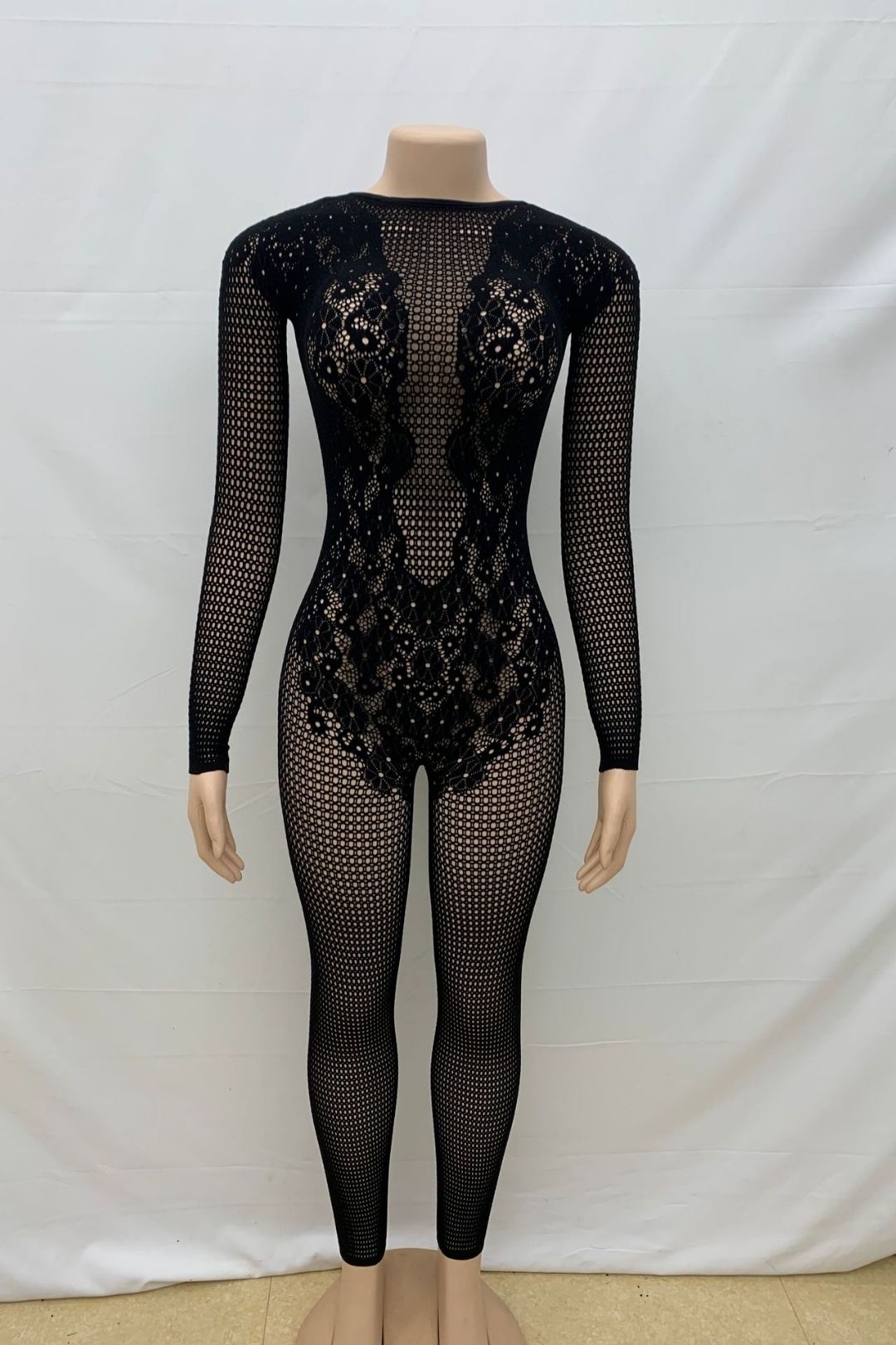 Round Neck Backless Slim Sexy See-through Long-sleeved One-piece Knitted Jumpsuit