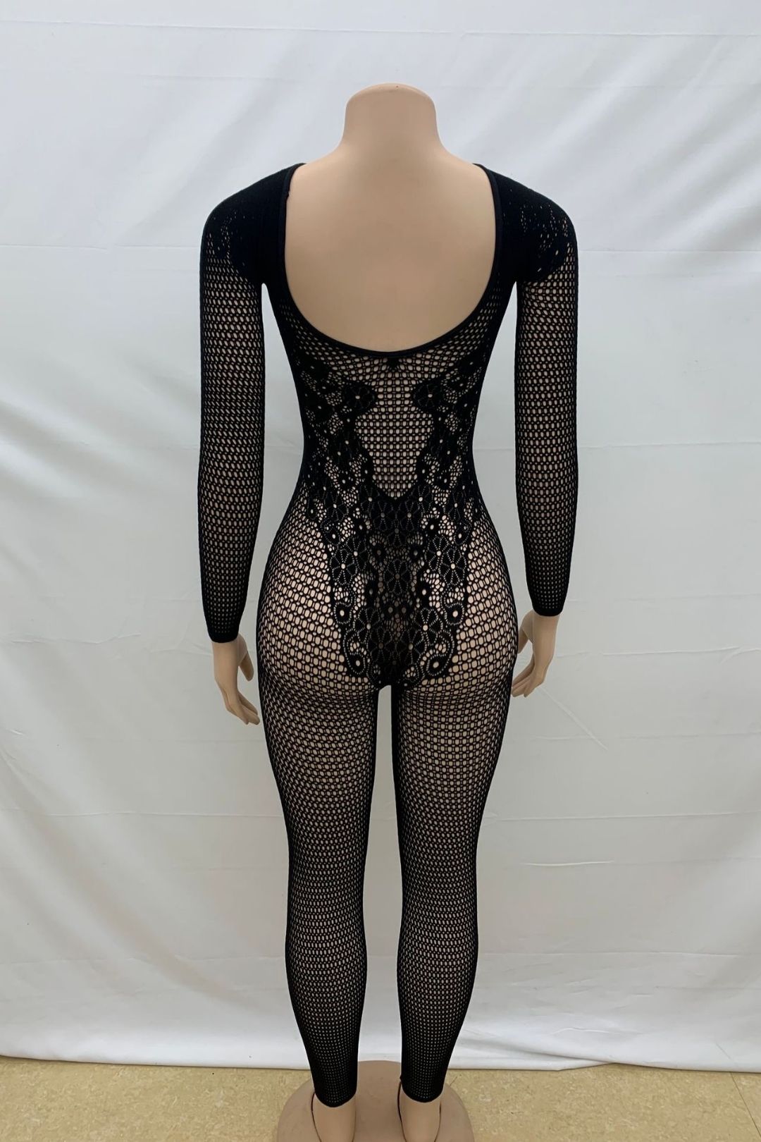 Round Neck Backless Slim Sexy See-through Long-sleeved One-piece Knitted Jumpsuit