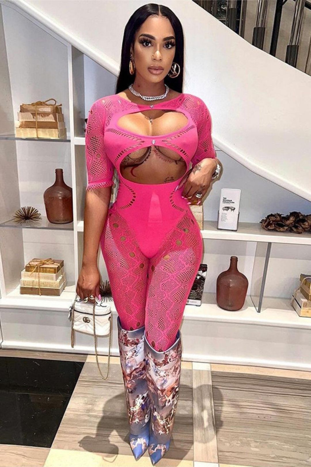 Round Neck Hollow Short-sleeved Lace Sexy Slim-fitting One-piece Knitted Short-sleeved Jumpsuit