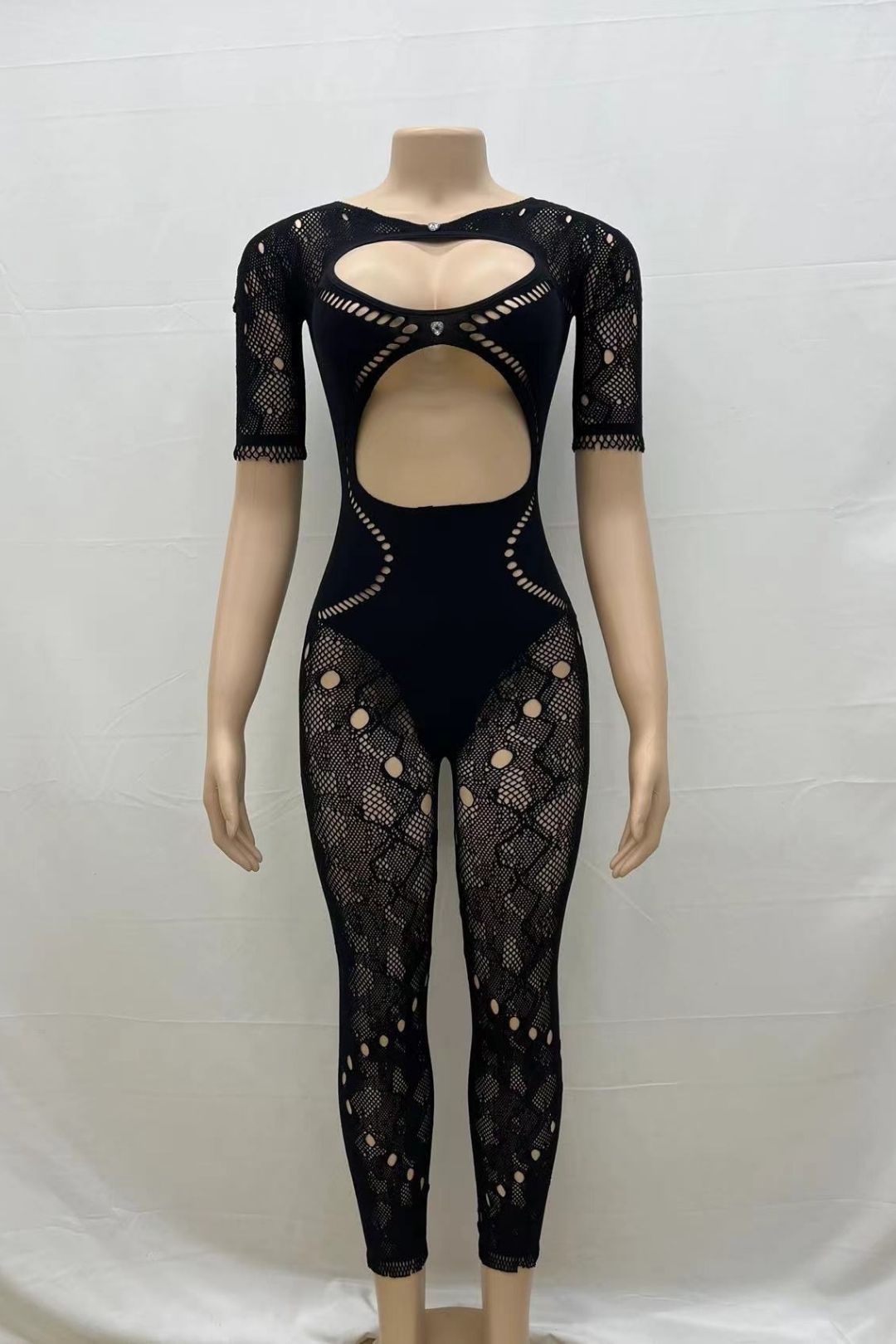 Round Neck Hollow Short-sleeved Lace Sexy Slim-fitting One-piece Knitted Short-sleeved Jumpsuit