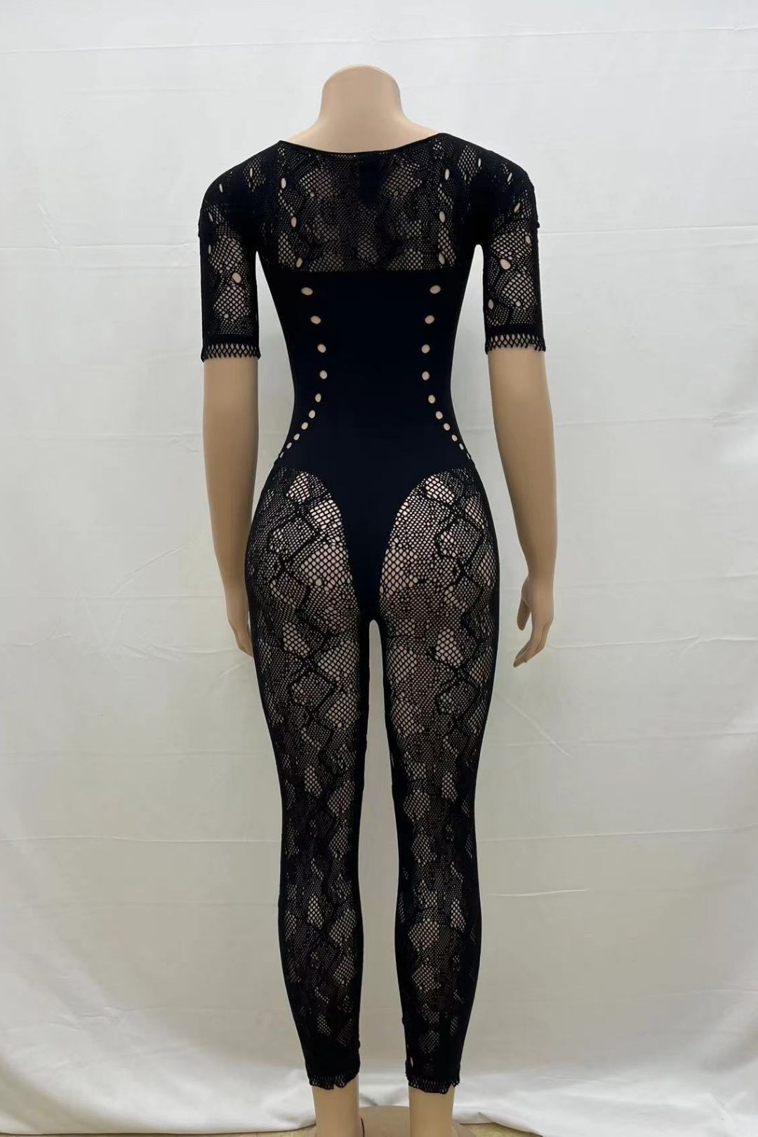 Round Neck Hollow Short-sleeved Lace Sexy Slim-fitting One-piece Knitted Short-sleeved Jumpsuit