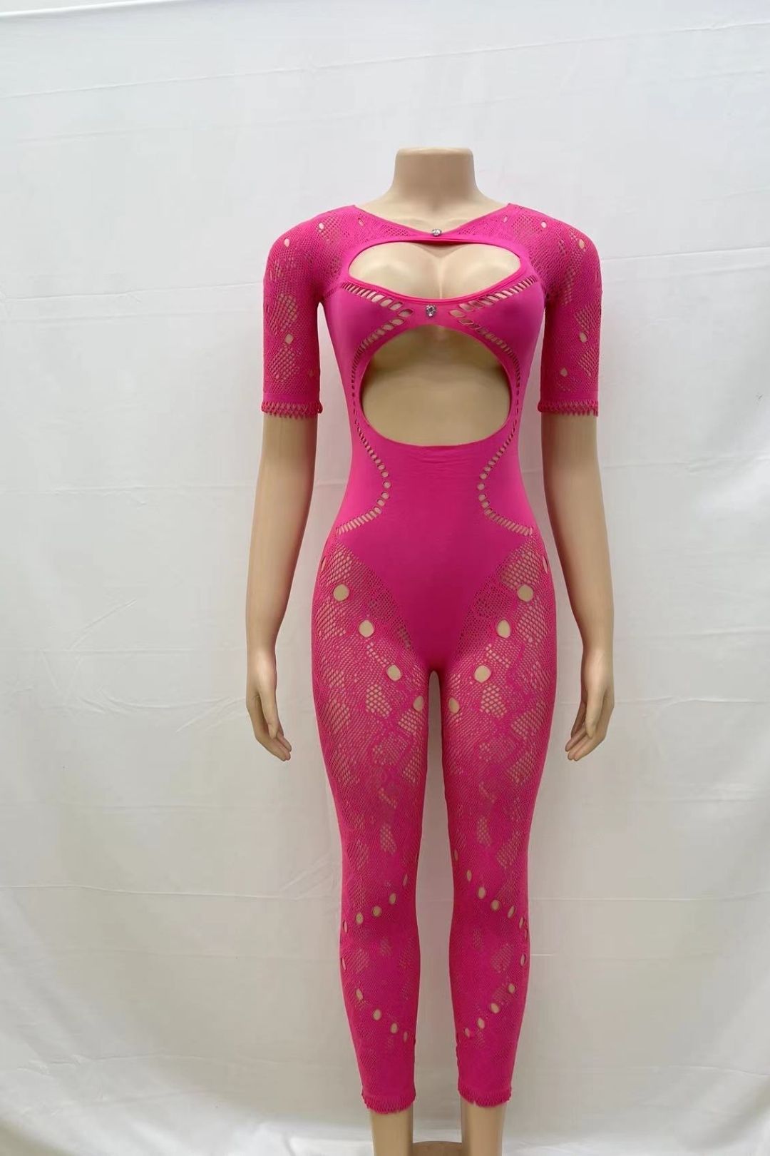 Round Neck Hollow Short-sleeved Lace Sexy Slim-fitting One-piece Knitted Short-sleeved Jumpsuit