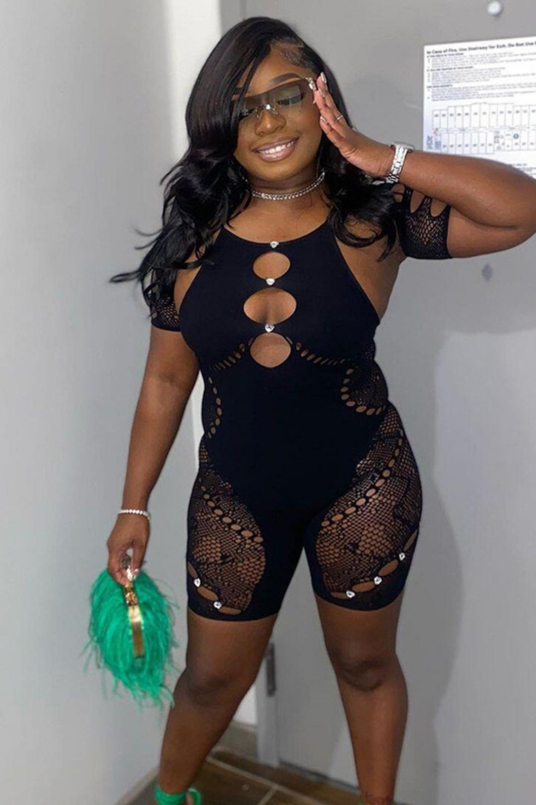 Neck Sleeves Sexy Slim Fit See-through Hollow High Waist Diamond Lace Jumpsuit