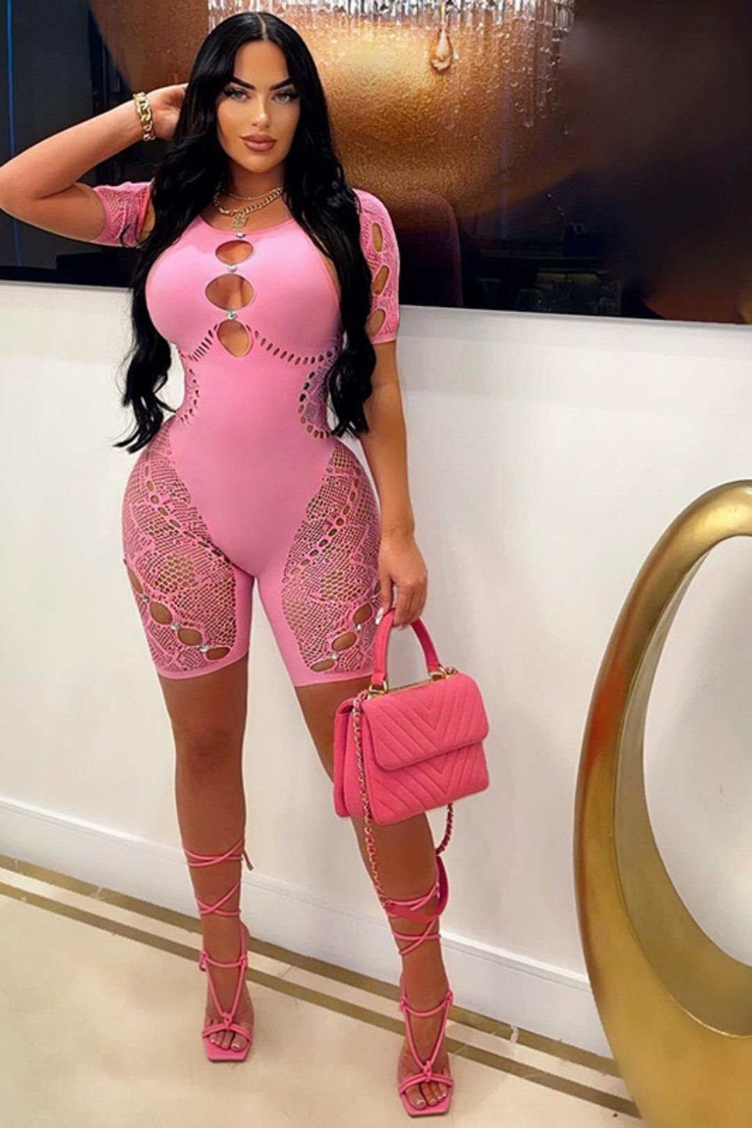 Neck Sleeves Sexy Slim Fit See-through Hollow High Waist Diamond Lace Jumpsuit