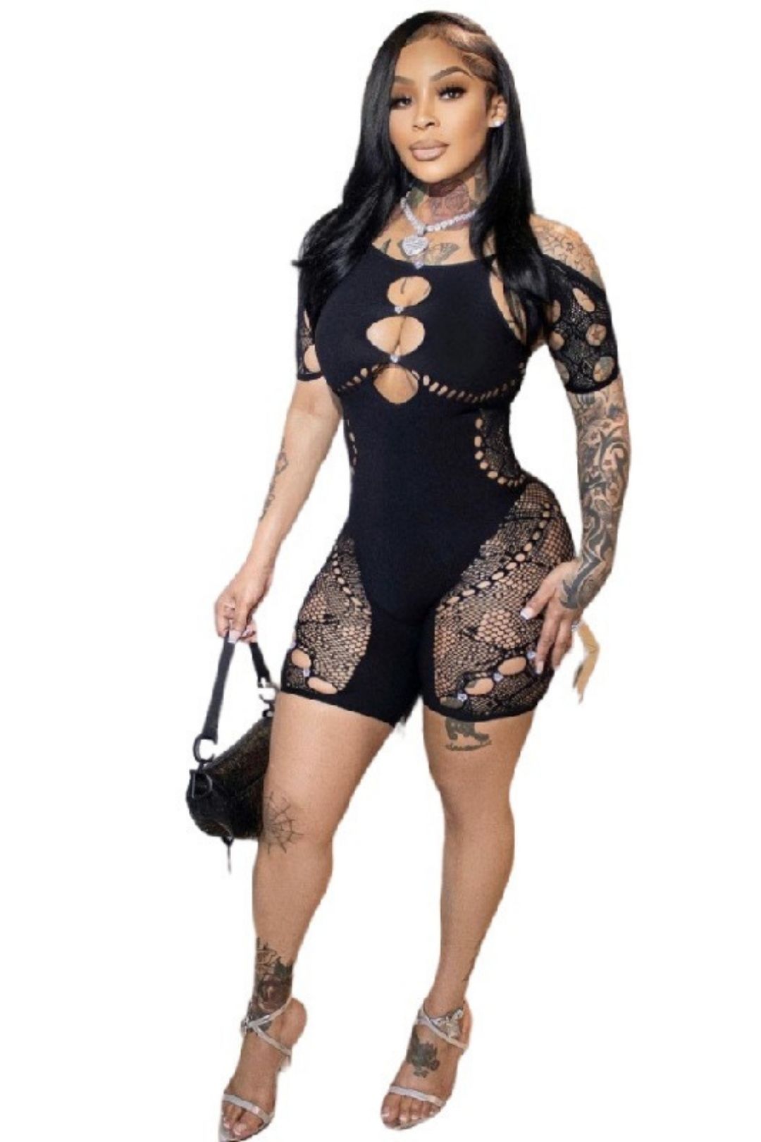 Neck Sleeves Sexy Slim Fit See-through Hollow High Waist Diamond Lace Jumpsuit