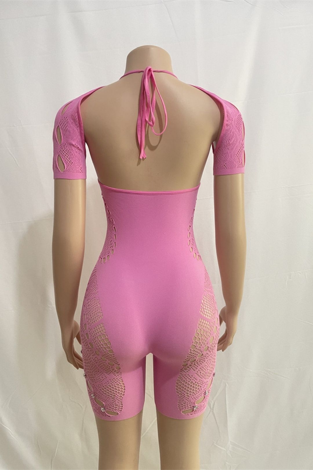 Neck Sleeves Sexy Slim Fit See-through Hollow High Waist Diamond Lace Jumpsuit