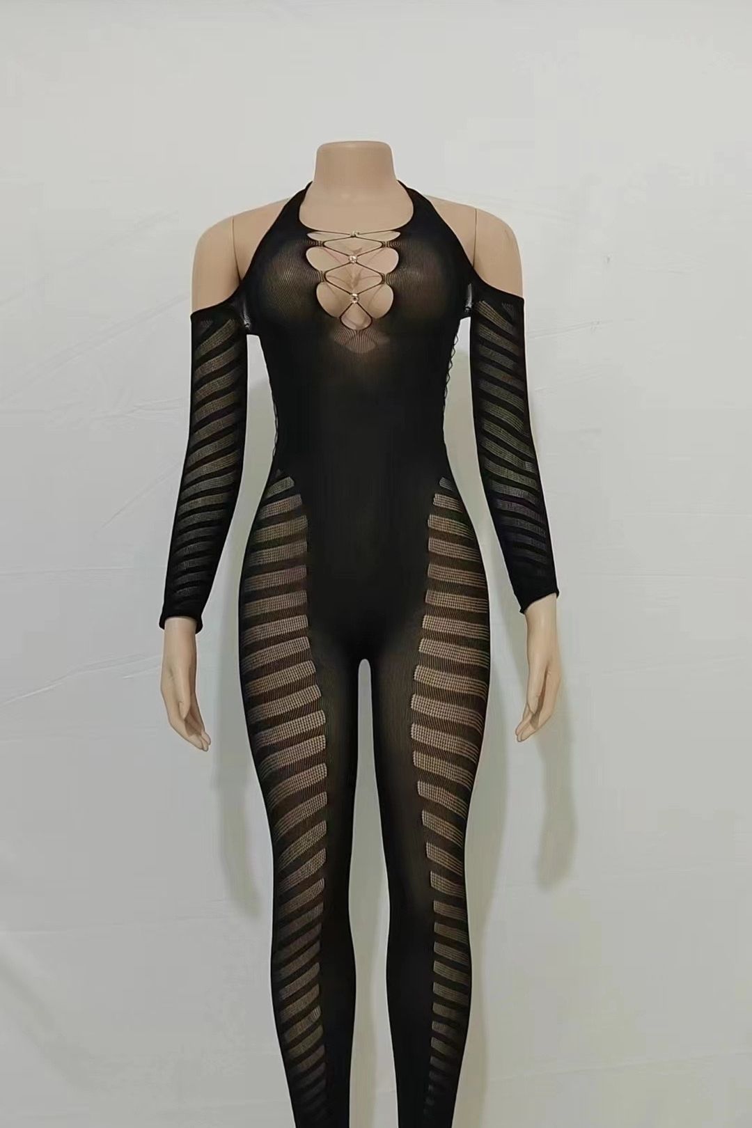 Solid Color Halterneck Sleeves Hollow See-through Backless Sexy Tight Jumpsuit